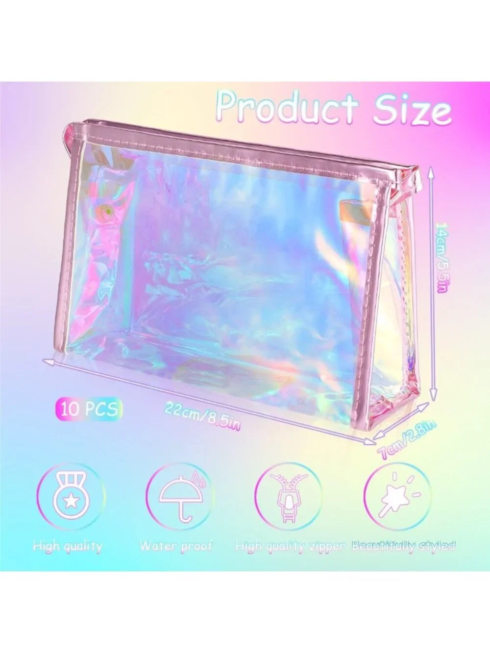 10 Pcs Holographic Clear Makeup Bags | Waterproof PVC Toiletry Pouches, Travel